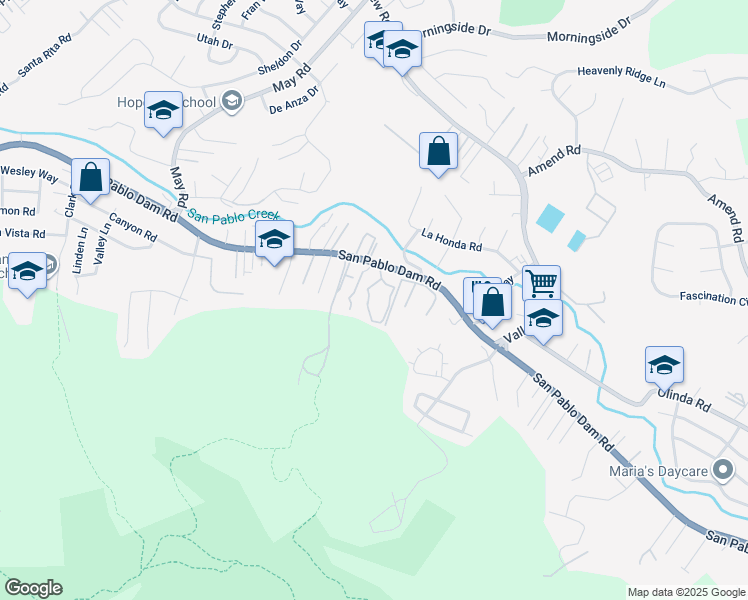 map of restaurants, bars, coffee shops, grocery stores, and more near 205 Del Valle Circle in El Sobrante