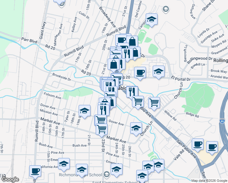 map of restaurants, bars, coffee shops, grocery stores, and more near 2097 23rd Street in San Pablo