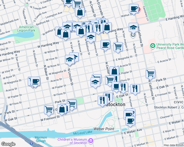 map of restaurants, bars, coffee shops, grocery stores, and more near 933 North Madison Street in Stockton