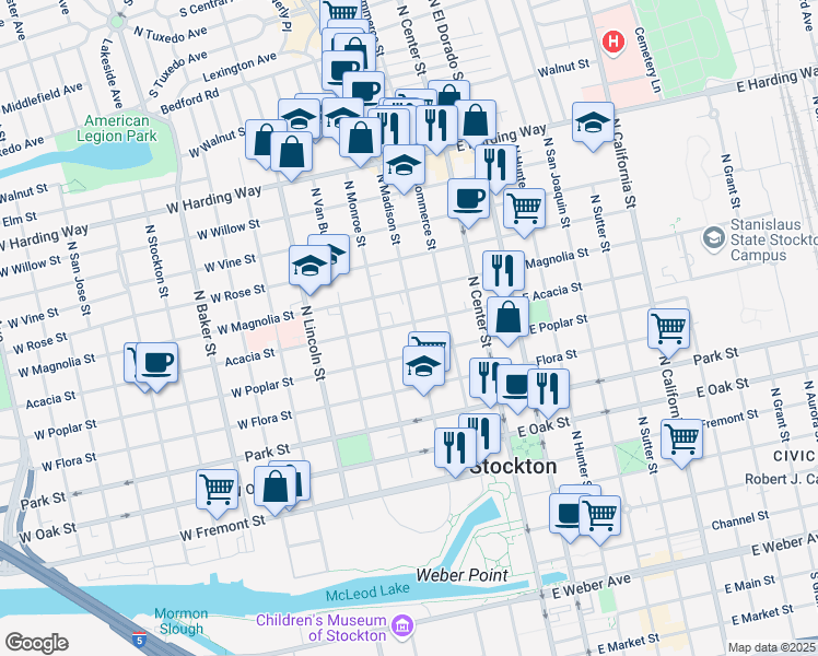 map of restaurants, bars, coffee shops, grocery stores, and more near 129 Acacia Street in Stockton
