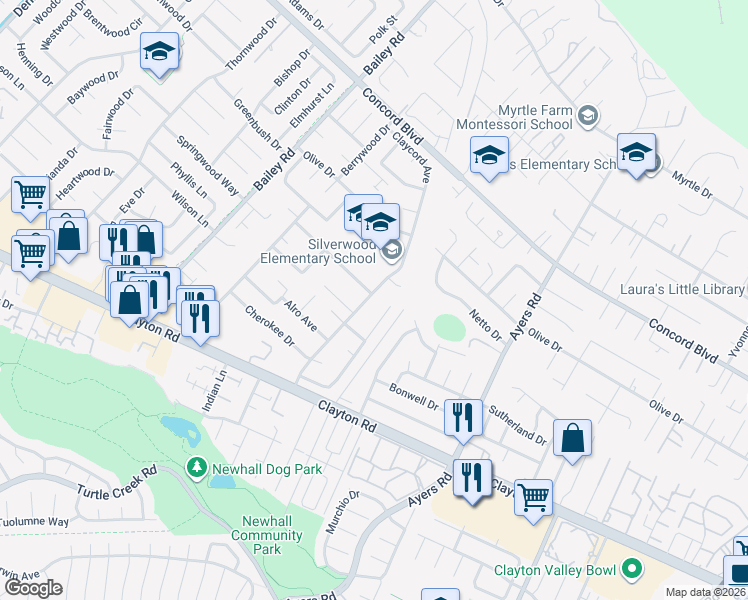 map of restaurants, bars, coffee shops, grocery stores, and more near 1602 Claycord Avenue in Concord