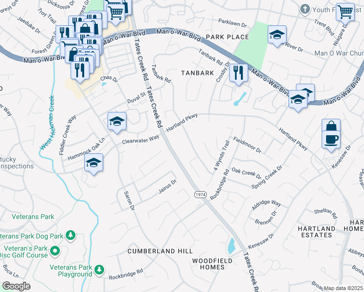map of restaurants, bars, coffee shops, grocery stores, and more near 1005 Tanbark Road in Lexington