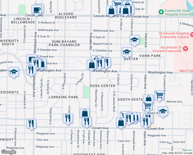 map of restaurants, bars, coffee shops, grocery stores, and more near 1101 Macarthur Drive in Evansville