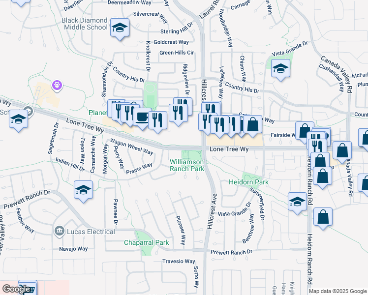 map of restaurants, bars, coffee shops, grocery stores, and more near 4901 Lone Tree Way in Antioch