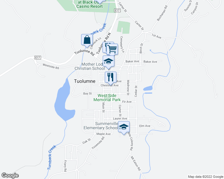 map of restaurants, bars, coffee shops, grocery stores, and more near Pine Street in Tuolumne