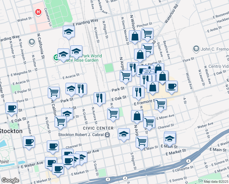 map of restaurants, bars, coffee shops, grocery stores, and more near 1130 East Park Street in Stockton