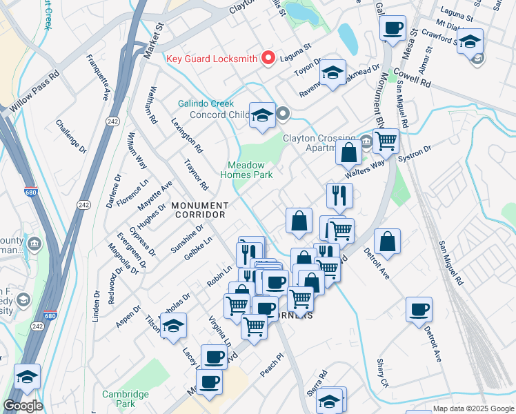 map of restaurants, bars, coffee shops, grocery stores, and more near 1261 Pine Creek Way in Concord
