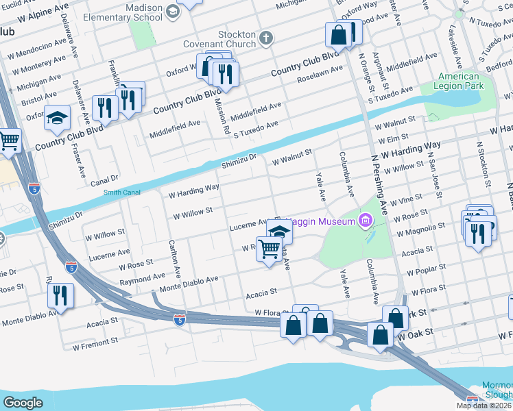 map of restaurants, bars, coffee shops, grocery stores, and more near 1832 West Willow Street in Stockton