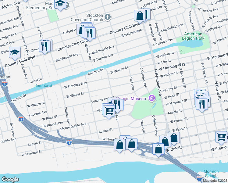 map of restaurants, bars, coffee shops, grocery stores, and more near 1720 West Willow Street in Stockton