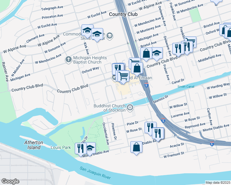 map of restaurants, bars, coffee shops, grocery stores, and more near 2211 Fullerton Avenue in Stockton