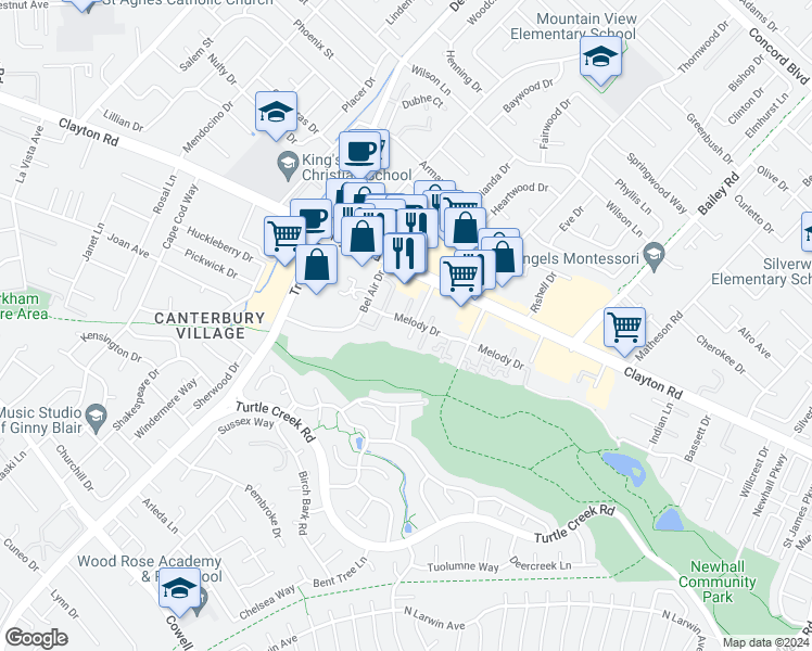 map of restaurants, bars, coffee shops, grocery stores, and more near 1463 Marclair Drive in Concord
