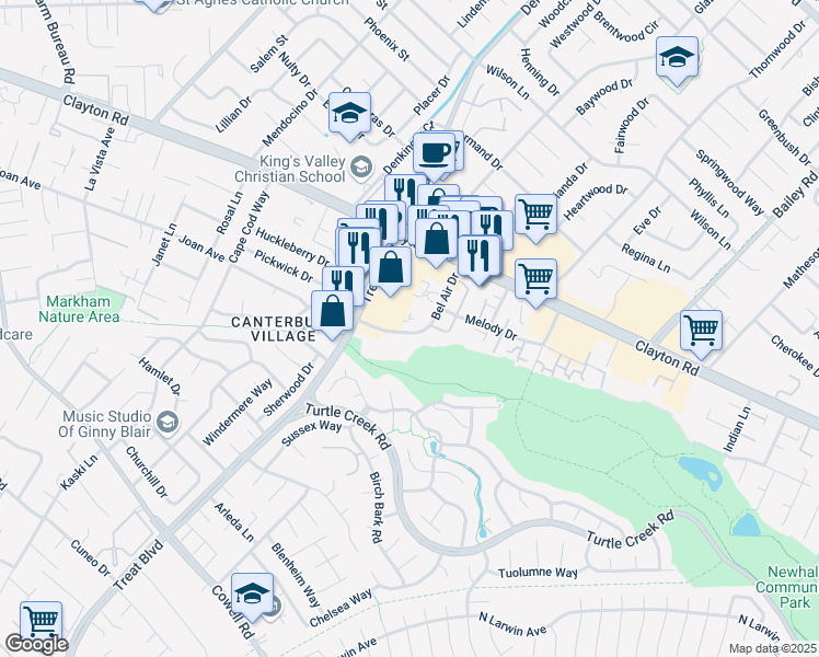 map of restaurants, bars, coffee shops, grocery stores, and more near 1401 Bel Air Drive in Concord