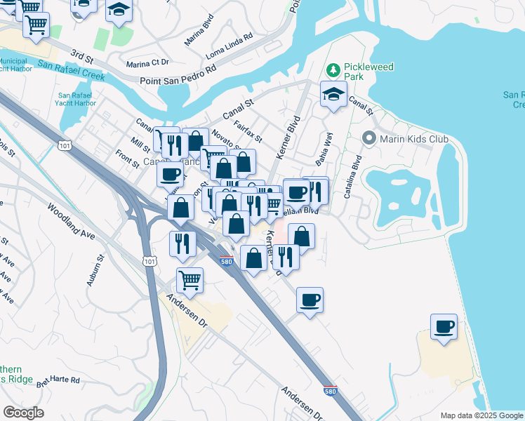 map of restaurants, bars, coffee shops, grocery stores, and more near 3320 Kerner Boulevard in San Rafael