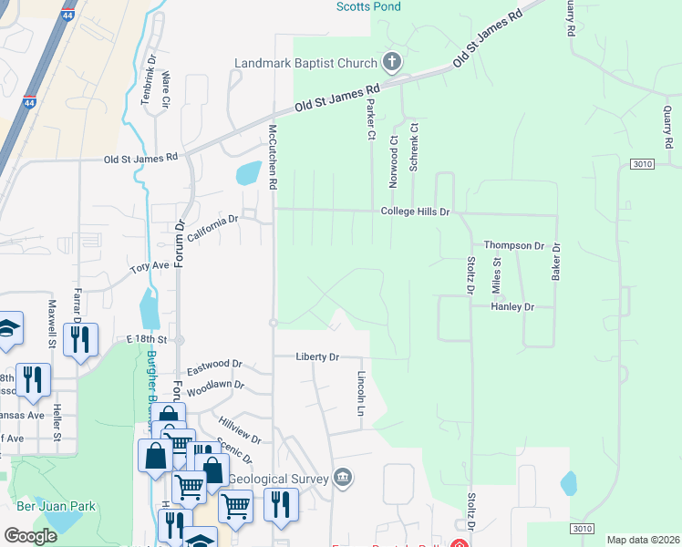 map of restaurants, bars, coffee shops, grocery stores, and more near 10800 Faust Court in Rolla