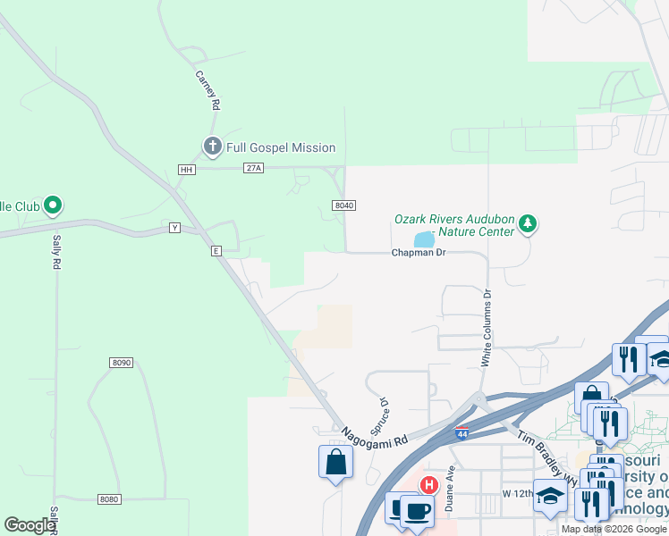 map of restaurants, bars, coffee shops, grocery stores, and more near 1966 Emily Drive in Rolla