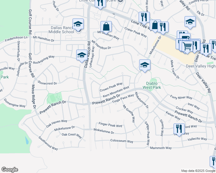 map of restaurants, bars, coffee shops, grocery stores, and more near 1823 Crown Peak Way in Antioch