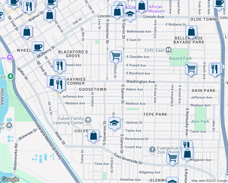 map of restaurants, bars, coffee shops, grocery stores, and more near 429 Adams Avenue in Evansville