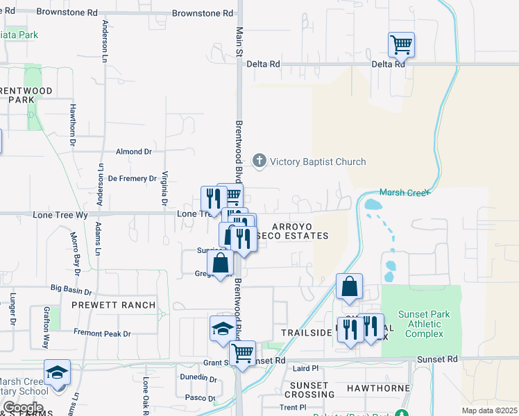 map of restaurants, bars, coffee shops, grocery stores, and more near 8424 Lone Tree Way in Brentwood