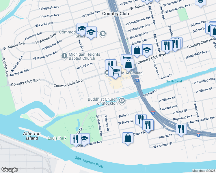 map of restaurants, bars, coffee shops, grocery stores, and more near 2211 Fullerton Avenue in Stockton
