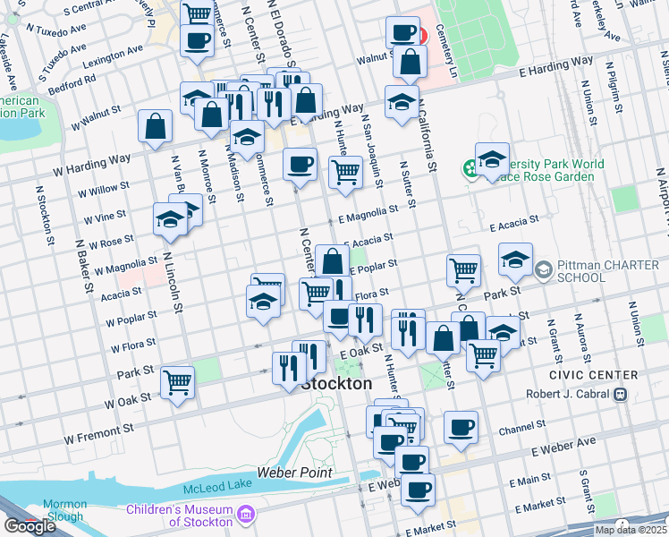 map of restaurants, bars, coffee shops, grocery stores, and more near 921 North El Dorado Street in Stockton
