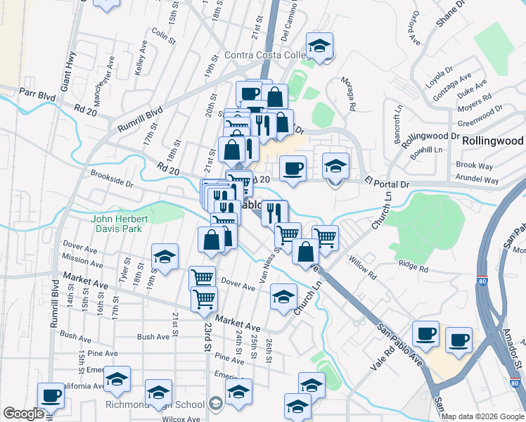 map of restaurants, bars, coffee shops, grocery stores, and more near 49 Campo Verde Circle in San Pablo