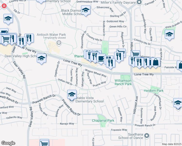 map of restaurants, bars, coffee shops, grocery stores, and more near 5032 Wagon Wheel Way in Antioch