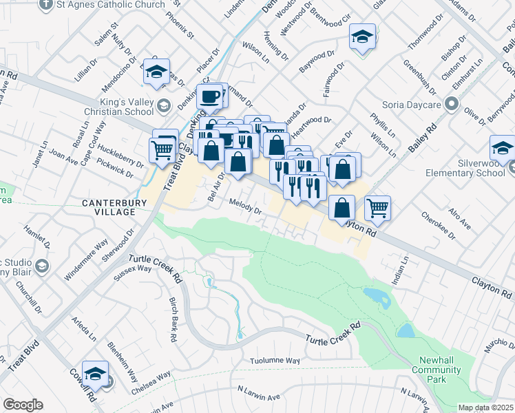 map of restaurants, bars, coffee shops, grocery stores, and more near 4579 Melody Drive in Concord