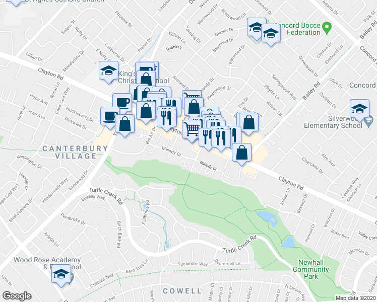 map of restaurants, bars, coffee shops, grocery stores, and more near 4579 Melody Drive in Concord