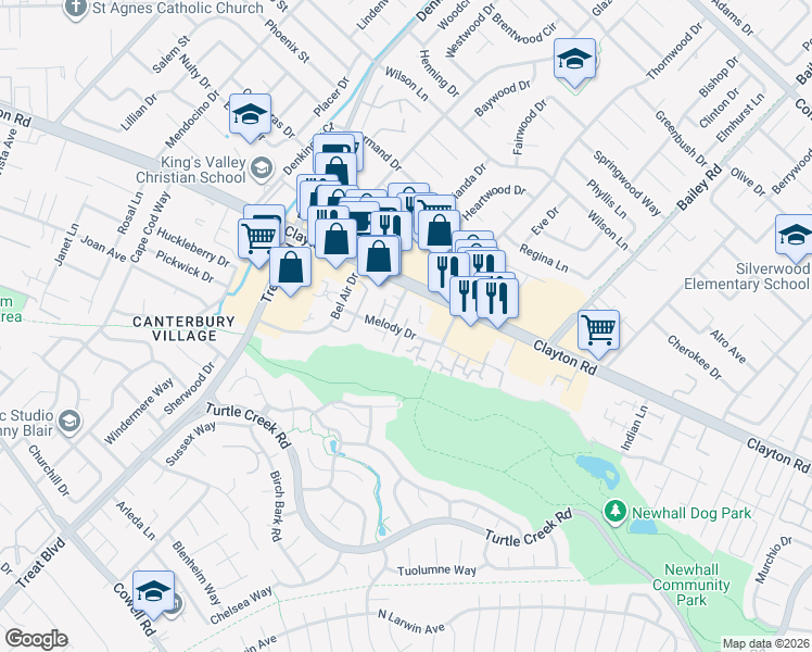map of restaurants, bars, coffee shops, grocery stores, and more near 4515 Melody Drive in Concord