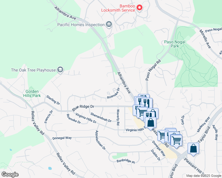map of restaurants, bars, coffee shops, grocery stores, and more near 210 Valley Oak Plaza in Martinez