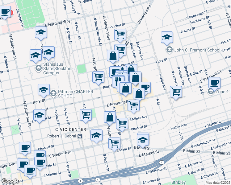 map of restaurants, bars, coffee shops, grocery stores, and more near 617 North Wilson Way in Stockton