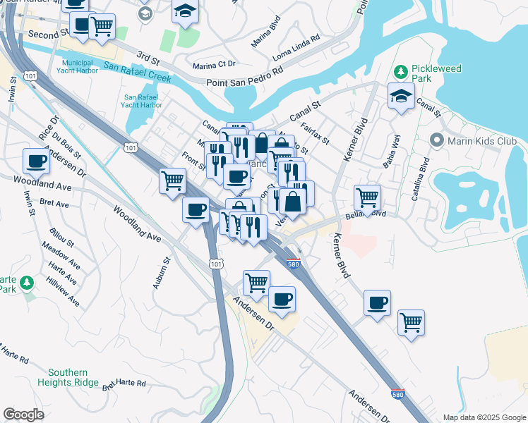 map of restaurants, bars, coffee shops, grocery stores, and more near 24 Tiburon St in San Rafael