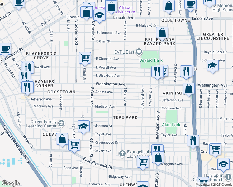 map of restaurants, bars, coffee shops, grocery stores, and more near 709 Adams Avenue in Evansville