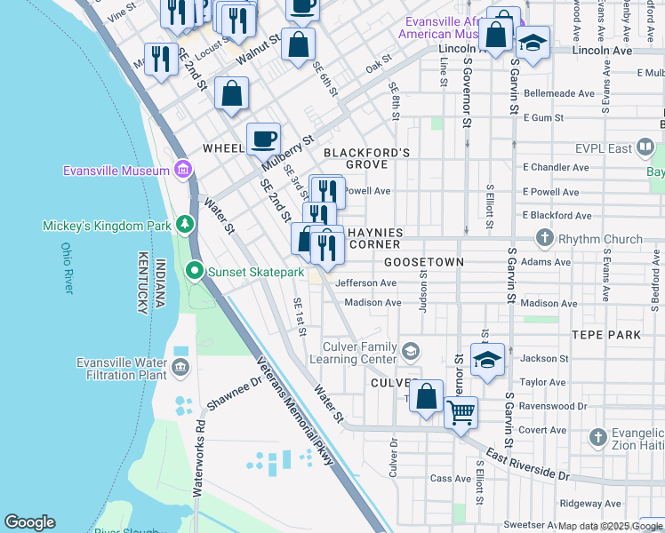 map of restaurants, bars, coffee shops, grocery stores, and more near 57 Adams Avenue in Evansville