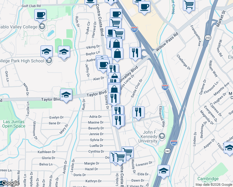map of restaurants, bars, coffee shops, grocery stores, and more near 1030 Santa Lucia Drive in Pleasant Hill