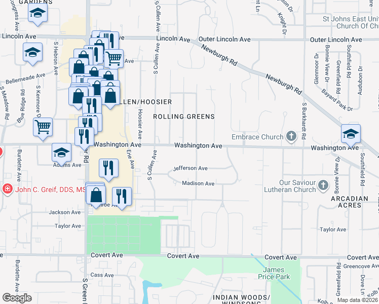 map of restaurants, bars, coffee shops, grocery stores, and more near 5509 Washington Avenue in Evansville