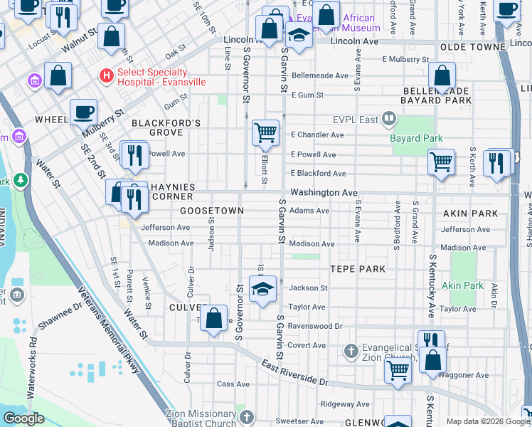 map of restaurants, bars, coffee shops, grocery stores, and more near 501 Adams Avenue in Evansville