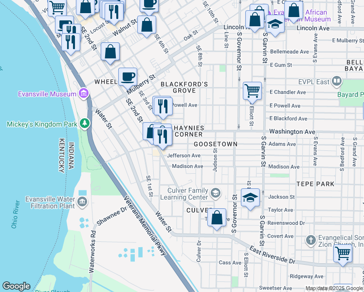 map of restaurants, bars, coffee shops, grocery stores, and more near 95 Adams Avenue in Evansville