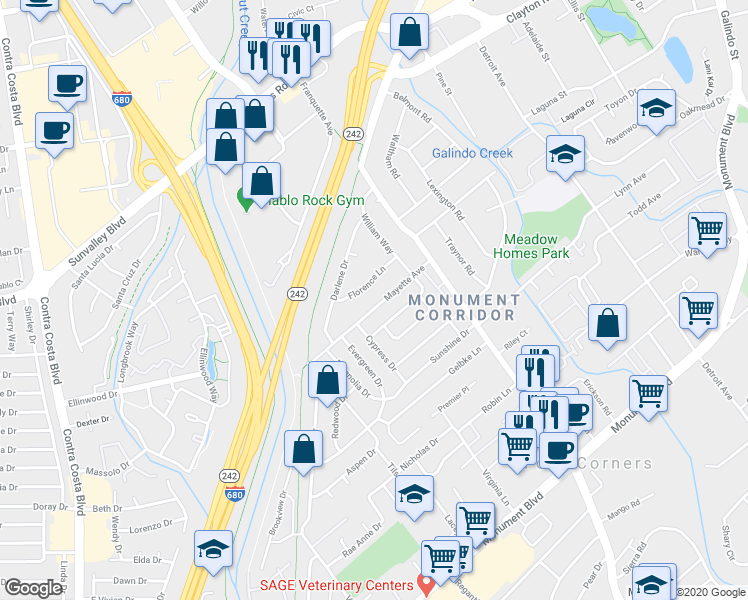 map of restaurants, bars, coffee shops, grocery stores, and more near 1881 Mayette Avenue in Concord