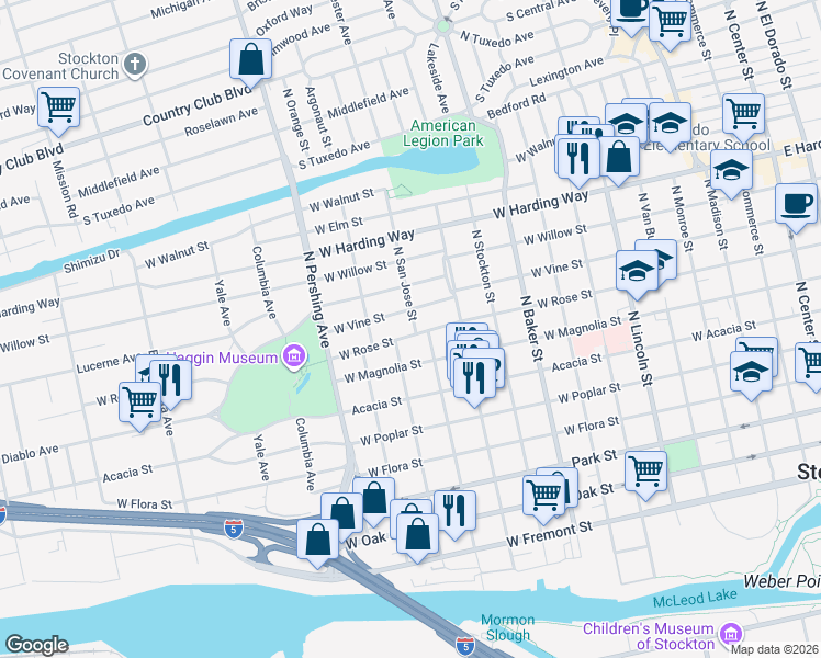 map of restaurants, bars, coffee shops, grocery stores, and more near 1101 West Rose Street in Stockton