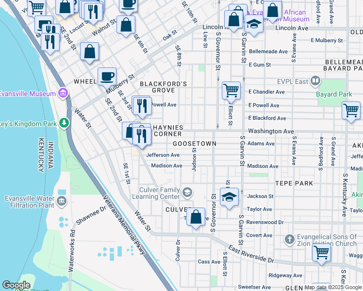 map of restaurants, bars, coffee shops, grocery stores, and more near 203 Adams Avenue in Evansville