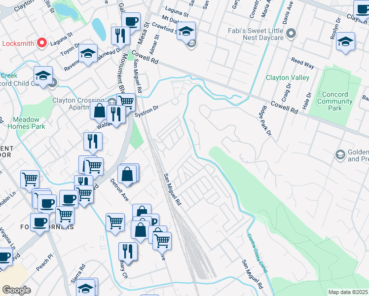 map of restaurants, bars, coffee shops, grocery stores, and more near 1070 San Miguel Road in Concord