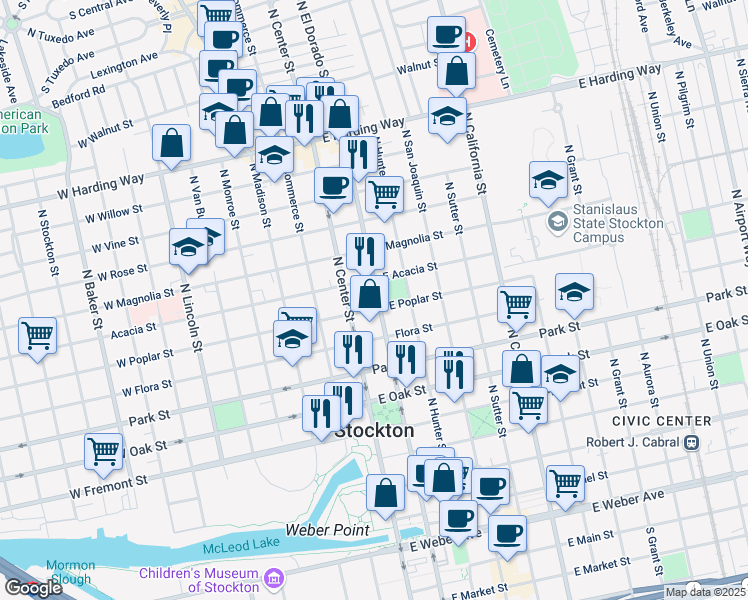 map of restaurants, bars, coffee shops, grocery stores, and more near 921 North El Dorado Street in Stockton