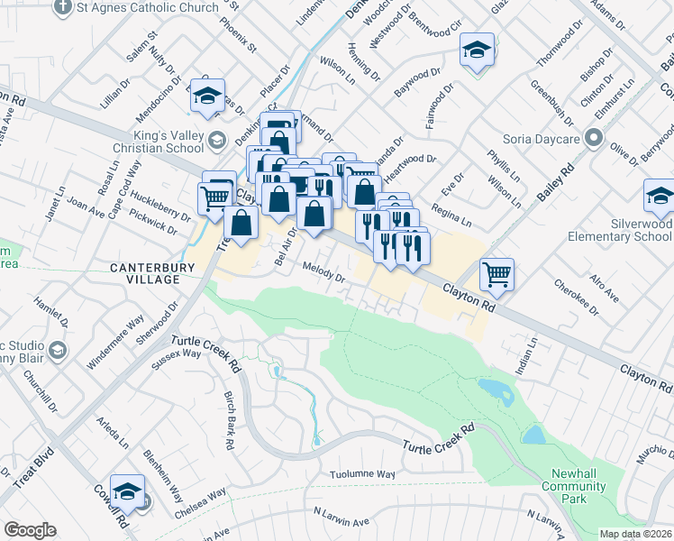 map of restaurants, bars, coffee shops, grocery stores, and more near 1463 Marclair Drive in Concord