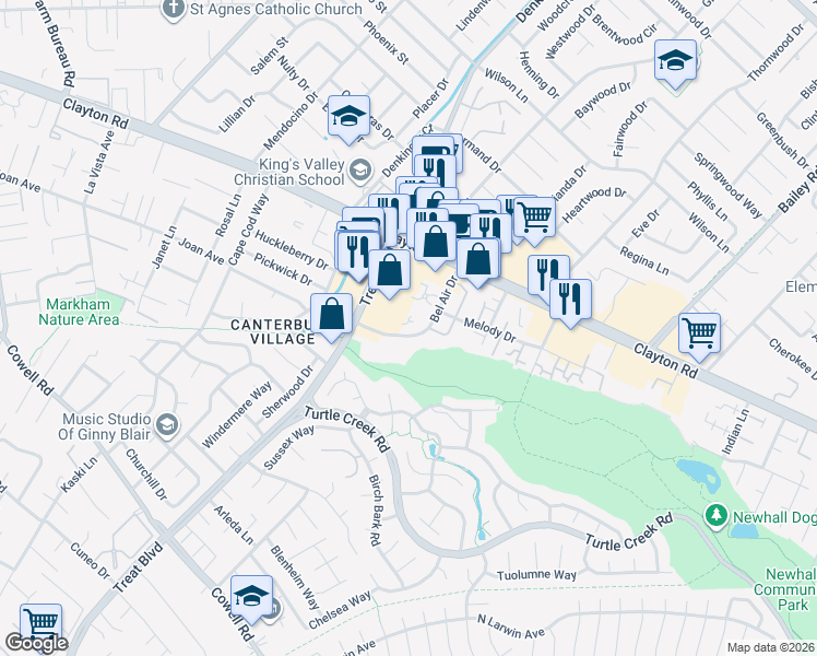 map of restaurants, bars, coffee shops, grocery stores, and more near 1401 Bel Air Drive in Concord
