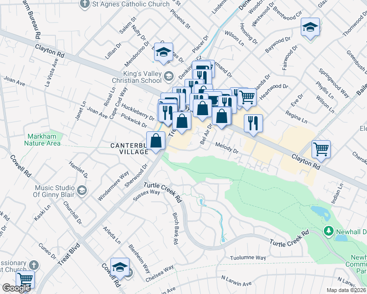 map of restaurants, bars, coffee shops, grocery stores, and more near 1401 Bel Air Drive in Concord