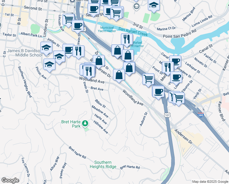 map of restaurants, bars, coffee shops, grocery stores, and more near 334 Du Bois Street in San Rafael