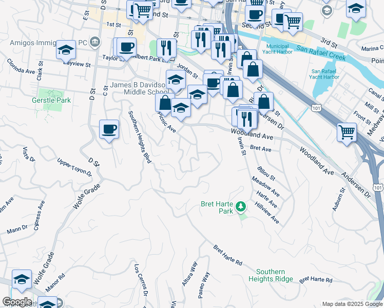 map of restaurants, bars, coffee shops, grocery stores, and more near 114 Bungalow Avenue in San Rafael