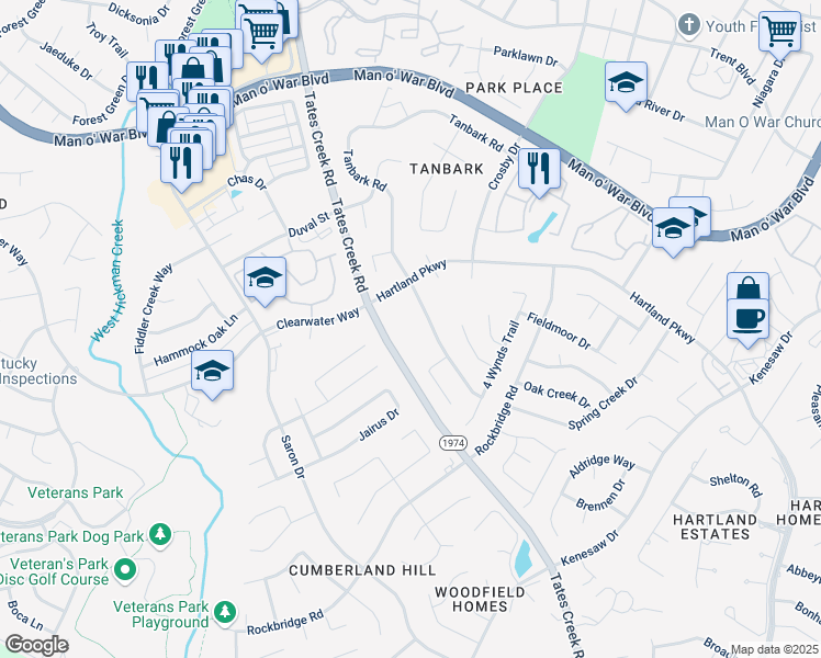 map of restaurants, bars, coffee shops, grocery stores, and more near 1005 Tanbark Road in Lexington