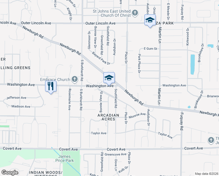 map of restaurants, bars, coffee shops, grocery stores, and more near in Evansville